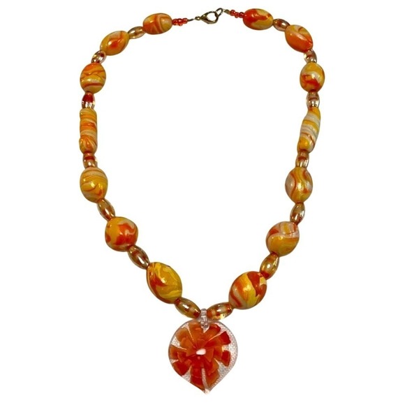 Unbranded Jewelry - Heart Pendant Murano Style Glass Bead Necklace Orange